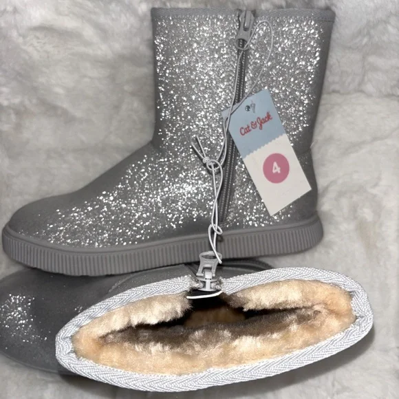 CAT & JACK Silver Glitter Bling Fur Lined Girls Boots NWTs -DIFFERENT SIZES - Picture 6 of 13